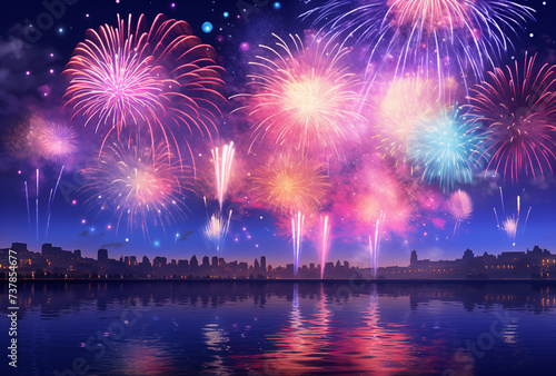 City night sky fireworks background,created with Generative AI tecnology. 
