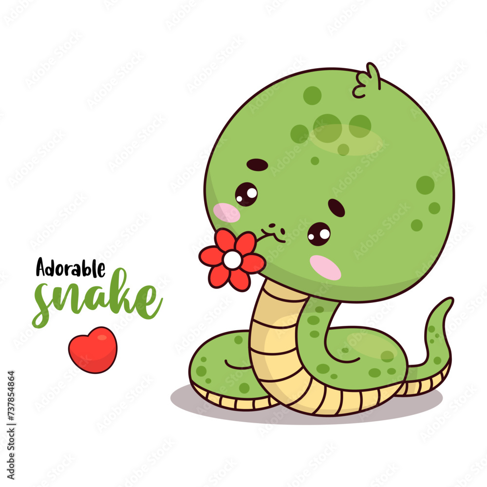 Fototapeta premium Cute little snake with flower. Funny kawaii cartoon character. Vector illustration