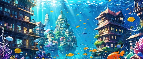 Colorful underwater city building with colorful coral reefs. Anime art style