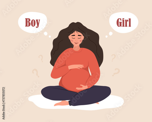 Boy or girl. Pregnant dreaming about of her future baby. Gender of child. Cute woman in lotus position hugs her tummy. Female character expecting for baby. Vector illustration in flat cartoon style.