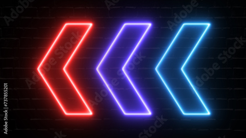 Neon Glowing arrow on brick background. Colorful and shining retro light arrow sign. Realistic shining signboard. 