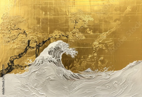  a textured painting depicting a stylized wave in silver and gold, with a golden background that resembles traditional Japanese art