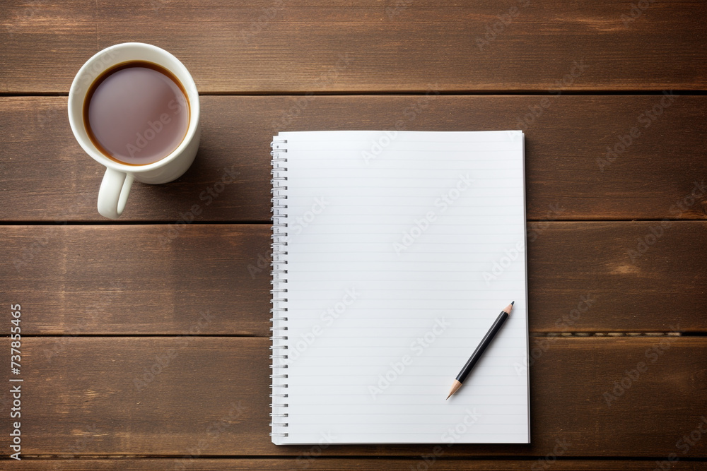 Top view of blank notebook on wooden table with coffee cup Top view of blank notebook on wooden table with coffee cup