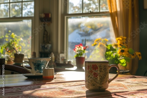 A steaming mug sits on a table, sunlight streams through the window