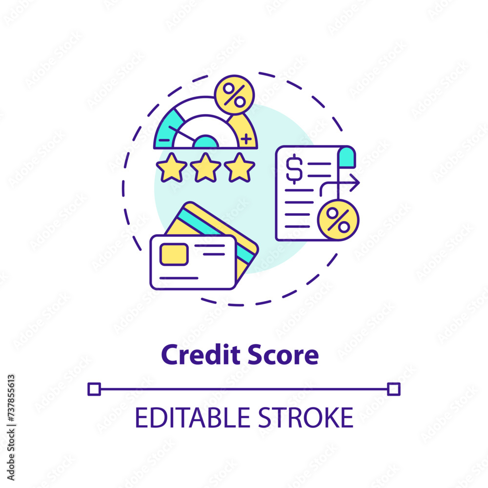 Credit score multi color concept icon. Analysis of credit files. Creditworthiness. P2P lending. Round shape line illustration. Abstract idea. Graphic design. Easy to use in marketing