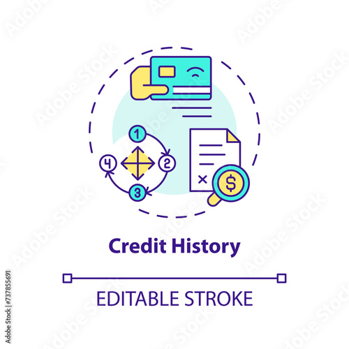 Credit history multi color concept icon. Credit card accounts information, loans, repayment records. Round shape line illustration. Abstract idea. Graphic design. Easy to use in marketing