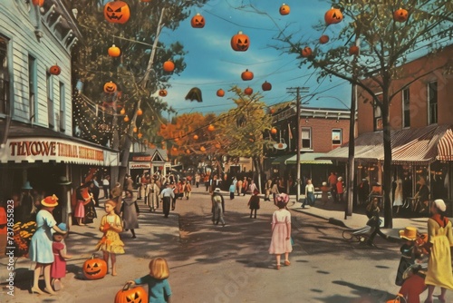 A vintage Halloween postcard depicts a bustling town square