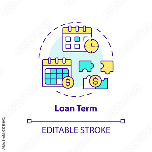 Loan term multi color concept icon. Borrowers repayment schedule and total amount of interest. Round shape line illustration. Abstract idea. Graphic design. Easy to use in marketing
