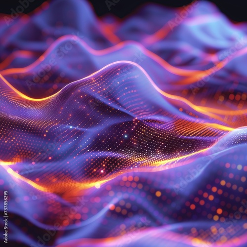 abstract neon waves on digital grid