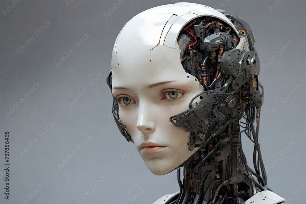 Close-up of humanoid robot head on grey background