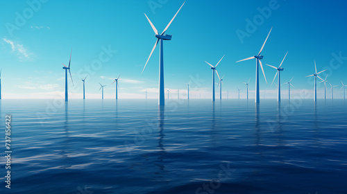 Offshore wind turbines in a calm sea, representing renewable energy and modern technology in marine environments.