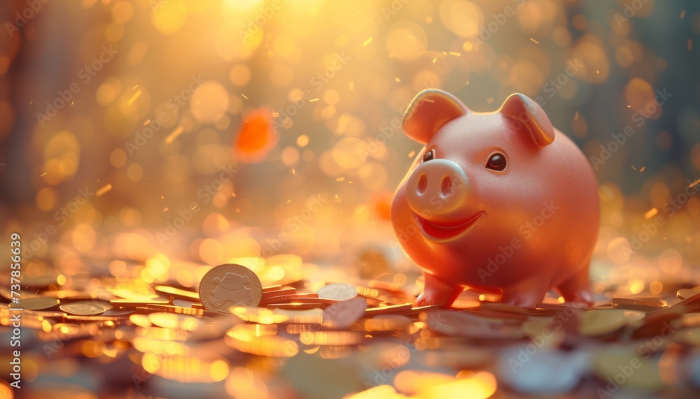 happy piggy bank among falling golden coins happy piggy bank among falling golden coins