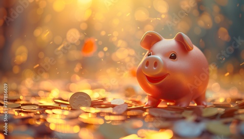 happy piggy bank among falling golden coins