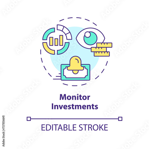 Monitor investment multi color concept icon. Receive payments. Invested in loans and monitor performance. Round shape line illustration. Abstract idea. Graphic design. Easy to use in marketing