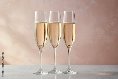 Three champagne glasses awaiting a celebratory toast, crystal clarity, simplistic elegance, on a soft-focused, single-color background, hues of gentle pastels. Generative AI