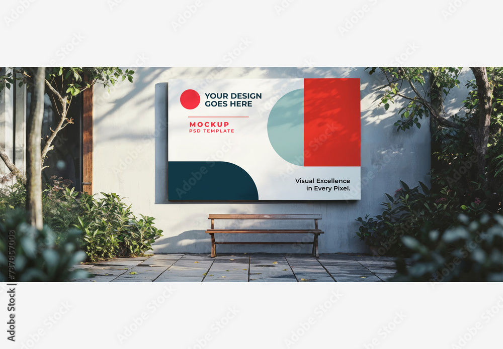Outdoor Street Poster Mockup: Bench in Front Of White Wall with Canvas ...