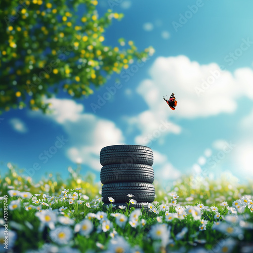 Photographie summer car tires on the street outside in the blooming spring.