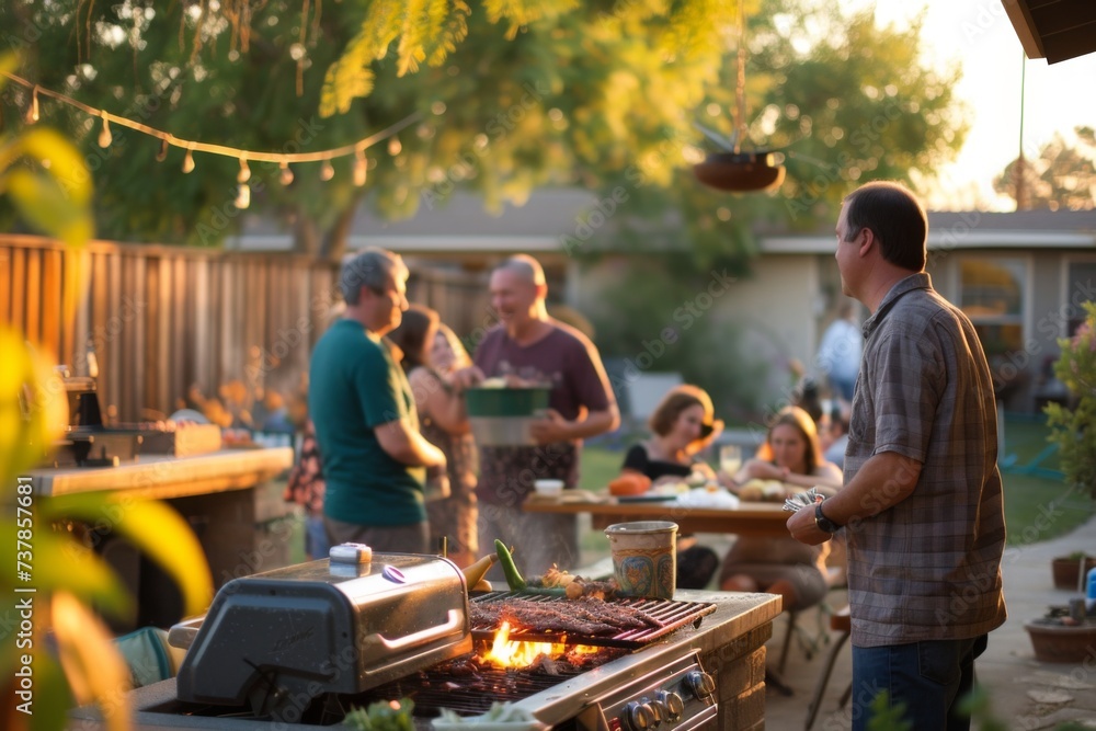 Capture a warm and inviting backyard setting with families and friends enjoying a barbecue,