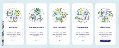 Philosophical politic ideologies onboarding mobile app screen. Walkthrough 5 steps editable graphic instructions with linear concepts. UI, UX, GUI template. Myriad Pro-Bold, Regular fonts used