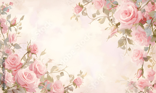 pink flower rose frame watercolor background, Generative AI 