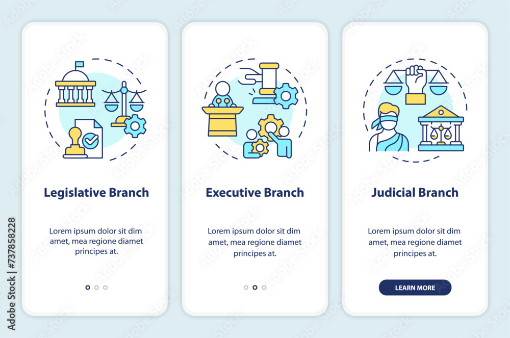 Branches of government onboarding mobile app screen. Walkthrough 3 steps editable graphic instructions with linear concepts. UI, UX, GUI template. Myriad Pro-Bold, Regular fonts used - obrazy, fototapety, plakaty 
