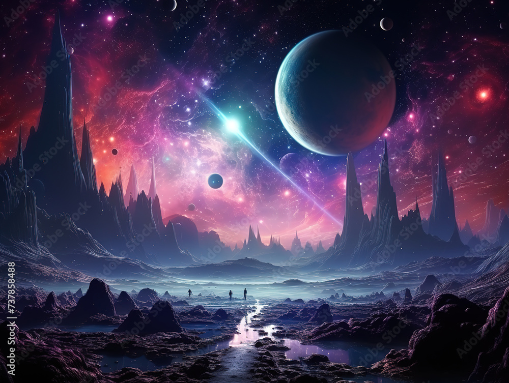 Fototapeta premium Fantastic planet, neon colors, magical lights in the galaxy
