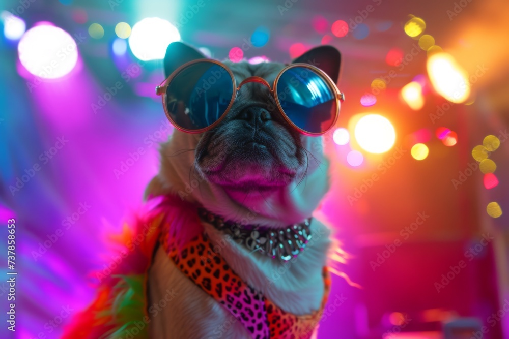Stylish dog sporting a miniature outfit, strutting their stuff under flashing lights Stylish dog sporting a miniature outfit, strutting their stuff under flashing lights