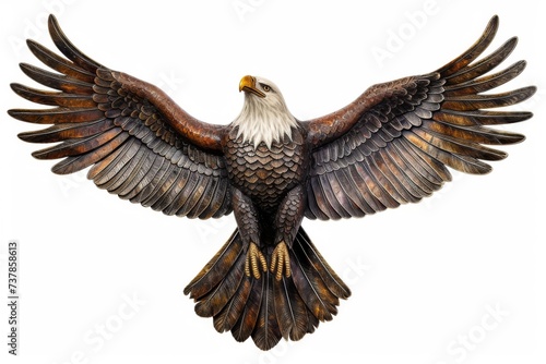 Depict a majestic bald eagle soaring through the sky, its wings outstretched and powerful. Represent freedom, strength, and national pride. © Polina