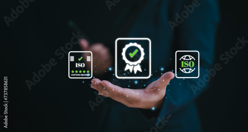 ISO standards quality control, assurance and warranty business technology concept. Touching on screen with ISO and globe icons on smart background. ISO Standard certification. Modern ISO banner.