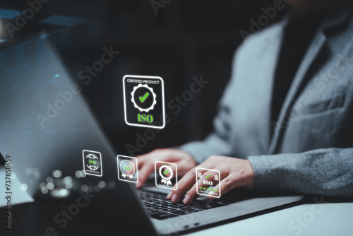 ISO standards quality control, assurance and warranty business technology concept. Touching on screen with ISO and globe icons on smart background. ISO Standard certification. Modern ISO banner.