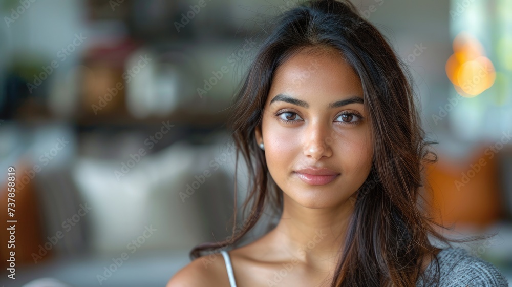 Casual Young Woman with a Gentle Smile in a Modern Home Environment Casual Young Woman with a Gentle Smile in a Modern Home Environment