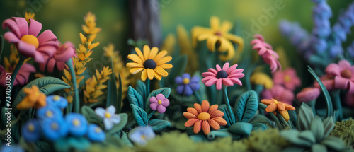 Cute flower garden, plasticine miniature, Closeup View, Beautiful spring background