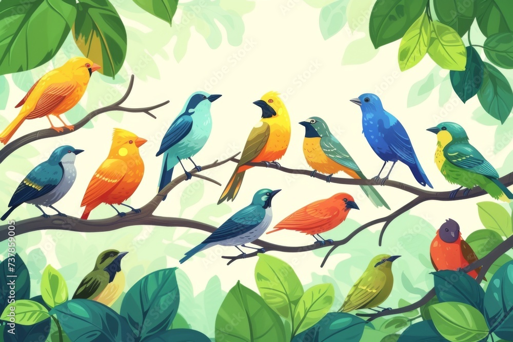 A vibrant scene with diverse birds perched on branches, chirping and communicating with each other