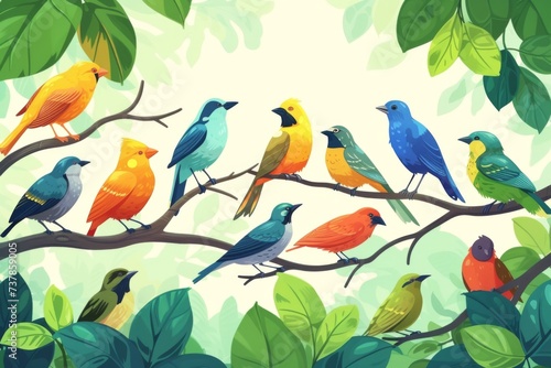A vibrant scene with diverse birds perched on branches  chirping and communicating with each other