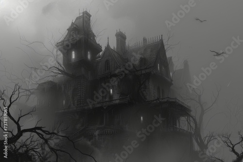 Draw a looming Victorian mansion shrouded in fog, with flickering windows, gnarled branches scratching at the walls, and a gargoyle perched on the roof
