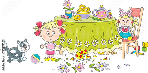 Funny little girl broke a beautiful vase with flowers during a fun game with her cat and ball near a kitchen table while no one is at home, vector cartoon illustration isolated on a white background