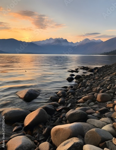 lake view with mountains in the background at sunset Generative AI