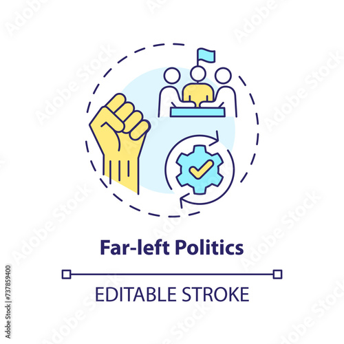Far-left politics multi color concept icon. Progressive social, political reform. Human rights equality. Social justice. Round shape line illustration. Abstract idea. Graphic design. Easy to use