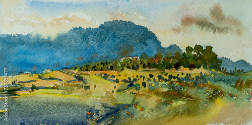 Travel rural village beautiful farm scenery in Thailand. Watercolor landscape original paintings.