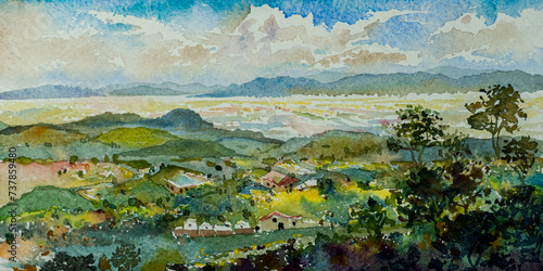 Travel rural village beautiful farm landmarks in Thailand. Watercolor landscape original paintings