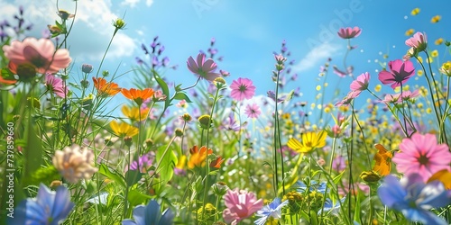 A sun-kissed meadow frames a vibrant display of blooming wild flowers under a blue sky. Concept Nature's Tapestry, Wildflower Wonderland, Blooming Paradise, Meadow Bliss, Vibrant Summer Scene © Anastasiia