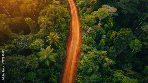 Aerial top view rural road in the forest, dirt road or mud road and rain forest, Aerial view road in nature, Ecosystem and healthy environment. © NooPaew