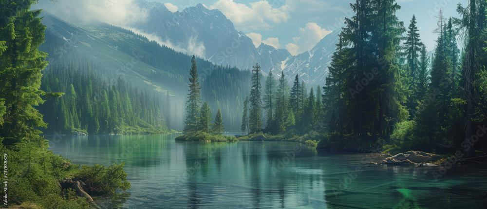 Fototapeta premium Beautiful landscape view of green summer forest with spruce and pine trees mountain, lake, river. Adventure travel nature background. Ecosystem ecology healthy environment.
