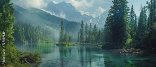 Beautiful landscape view of green summer forest with spruce and pine trees mountain, lake, river. Adventure travel nature background. Ecosystem ecology healthy environment.