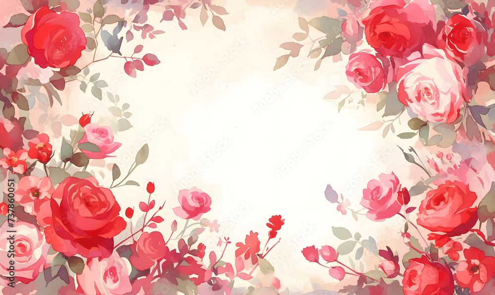 red flower rose frame watercolor background, Generative AI 
