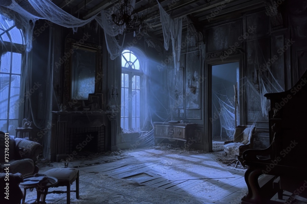 Cobwebs draped from ornate furniture whisper forgotten tales as the eerie silence is broken only by the creaking of floorboards on Halloween night Cobwebs draped from ornate furniture whisper forgotten tales as the eerie silence is broken only by the creaking of floorboards on Halloween night