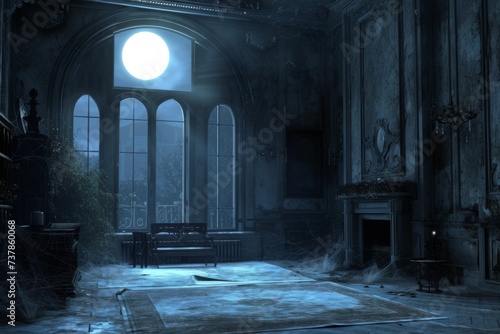 Inside a haunted mansion, dust motes dance in the moonlight filtering through cracked windows photo