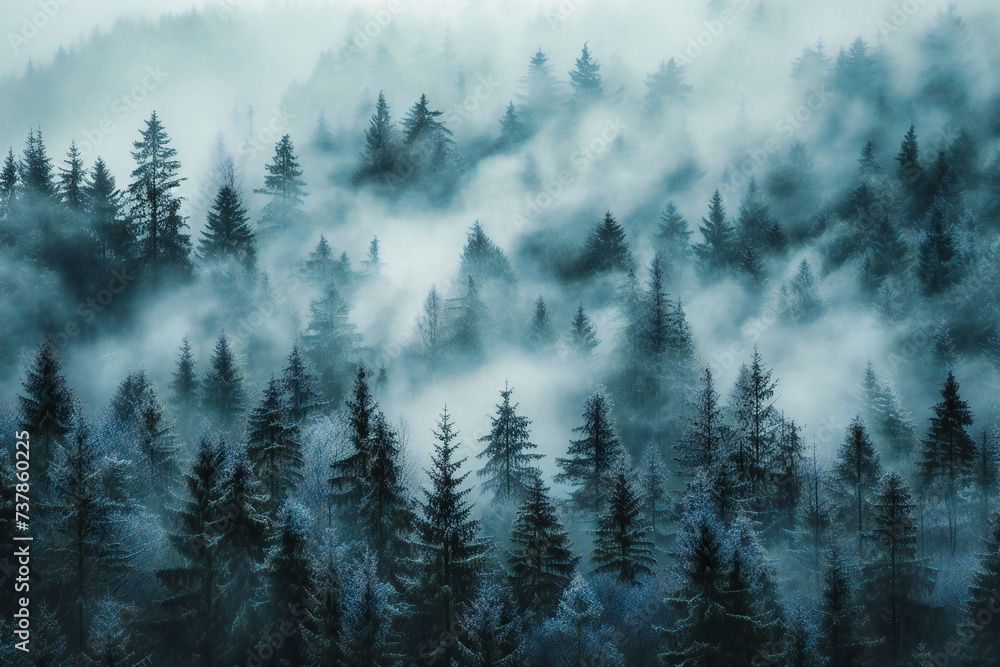 Mysterious Fog Envelops Pine Forest in Winter, Scenic Mountain Views and Greenery, Ideal for Travel Postcards