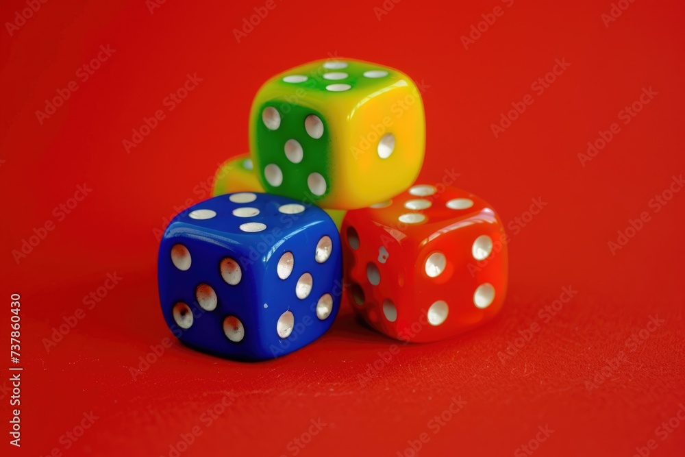 Stacked colorful dice on a red background. Stacked colorful dice on a red background.