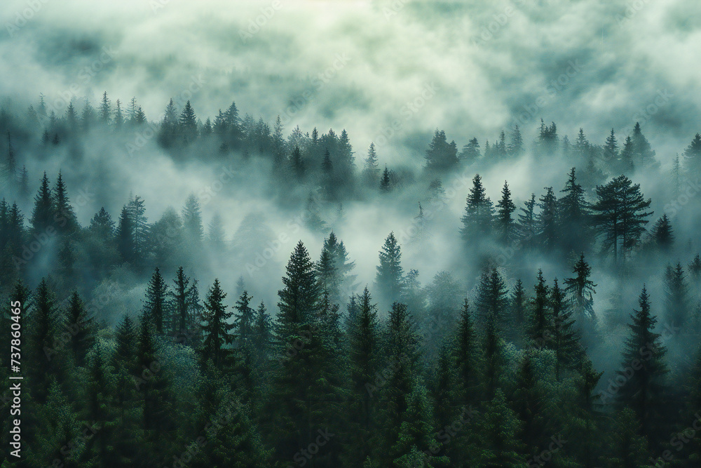 Winters Tale, Foggy Mountain Forest with Pine Trees, A Scene of Natural Beauty and Serenity